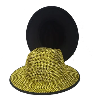 žuti osjetio kape bling vještački dijamant fedora unisex hat fedoras church jazz hat party club men hat for women and men wholesale tophat