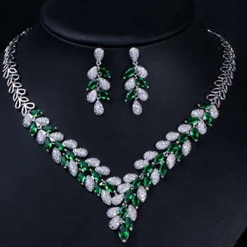 Zlxgirl Brand Zelena Kapljica vode kubni cirkonij vjenčanje nakit Setovi Srebrnu Boju Ogrlice Lanci I Setovi Za njegu Kože Svadbeni Nakit