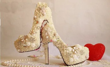 Platforme cipele na visoku petu 14 cm, svadbene cipele s cvjetnim biserima, večernje modeliranje cipele s kristalima, ženska strana tanke modeliranje cipele, velike dimenzije