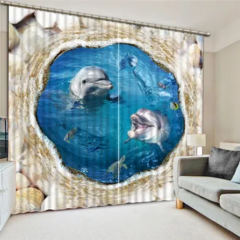 3D Dekor Zavjese Dupini Skočiti , u бамбуке i plavom moru, za Dnevni boravak Soba Dekor Zavjese Zavjese