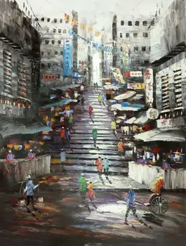 Ručno Oslikana Ulje na Platnu, Urbani Krajolik hong Kong Tramvaji Ulica Nož Platnu slika na zidu Umjetnosti Uzorak za Dnevni boravak