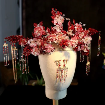 Klasični Kineski Prekrasna Vjenčanje Nakit Za Kosu Pribor Vjenčanja Odijelo šlem Drevni Crveni Cvijet Kruna s Naušnice