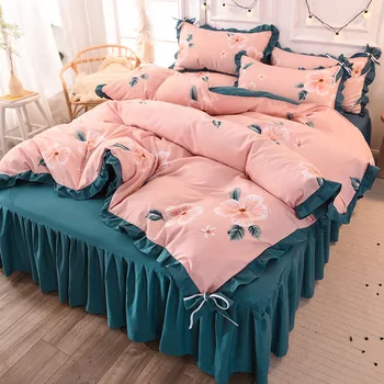 Kawaii Koreanska verzija Cvjetni Dakle, pamuk posteljinu 4-piece Princess Lace Cover Set Deka Deka i krevet Suknja