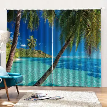 Plaža plave zavjese zavjese Priroda Art Print, Zavjese Dnevni boravak Spavaća soba Dekor 2 Ploče HooksWindow Zavjese