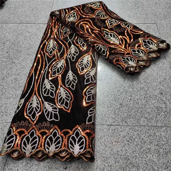 Nova Moda Baršun narančasta Afrička cvjetne čipke Tkanina Vez Francuski Šljokice cvjetne čipke Tkanina Za Nigerijske Vjenčanja Baršun Čipka