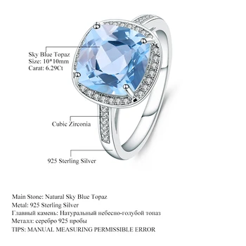GEM'S BALLET Square 6.29 Ct Prirodni Nebo-Plavi Topaz je Dragi Kamen Prsten za Žene 925 Sterling Srebra Zaručnički Prsten Prsten Fin Nakit