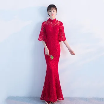 Crvene Čipke, duge haljine Ципао Cheongsam Kineska Tradicionalna Vjenčanica Kineski Dućan odjeće Vestido Oriental Veličina XXXL