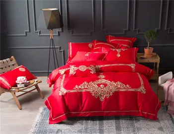 2018 Zlatni vez luksuzni komplet posteljinu queen/king size stain bed set 4/7 kom. egipatski pamuk Svijetlo crvene deka krevetu