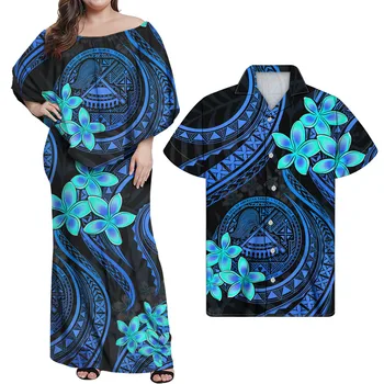 Hycool Polynesian Tribal Hawaii Flower Print Maxi Dress Shirt Seksi Off Shoulder Party Vjenčanicu Par Odjeća Iz Dva Dijela