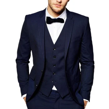 Tamno Plave Vjenčanje Tuxedos Mladoženja Slim Fit Prom Man Suit Poslovne Formalni Muški Modni Odijelo Jakna od 3 Dijela s Prslukom Hlače