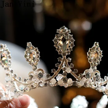 JaneVini Bling Crystal Ukras Za Kosu Sjajno Srebro Rhinestones Svadbene Krune Tiaras Bijele Okrugle Perle Ženske Vjenčanje Kape