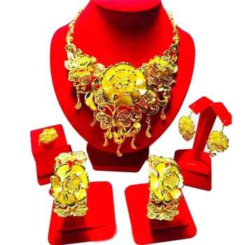 Yulaili Kineski Stil Dizajn Zlatna boja Cvjetanja Ogrlica i Naušnice Nakit Setove Pogodan za Poklon za Rođendan i Novu Godinu