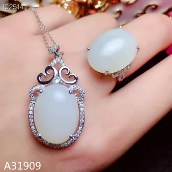 KJJEAXCMY butik nakita srebra 925 umetnut prirodno bijeli žad dragulj donje prsten i ogrlica privjesak skup podrške detec