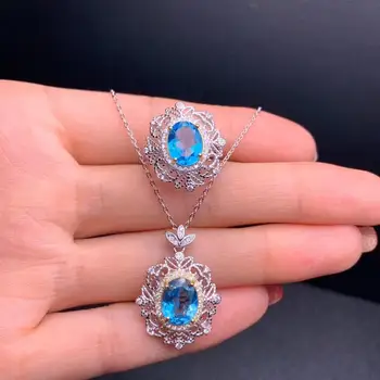 KJJEAXCMY Fin Nakit 925 sterling srebra umetnut prirodni plavi topaz donje prsten, privjesak skup luksuzna Podrška otkrivanje