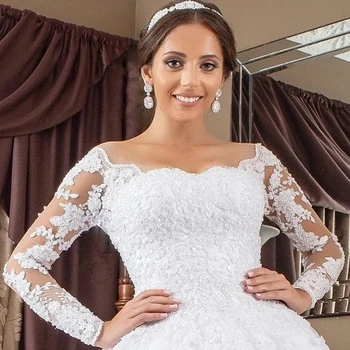 Dubai Arapski Aso Ebi Princeza Loptu Haljina Svadben Haljina 2021 Duge Rukave Bijele Aplicirano Perle Vjenčanja Brak Djeveruša Haljina