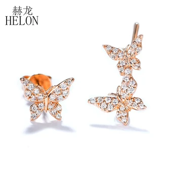 HELON Solid 14k Rose Gold Pave 0.16 ct Autentični Prirodni Dijamanti Vjenčanje Naušnice-Roze Leptir stil Ženski Moda Fin Nakit